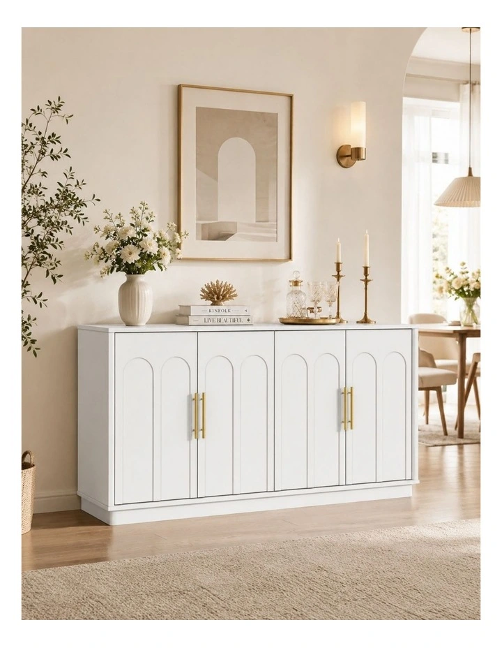 4 Door Buffet Sideboard Cabinet 150cm White Cupboard - Foil-laminated Particleboard & MDF image 3