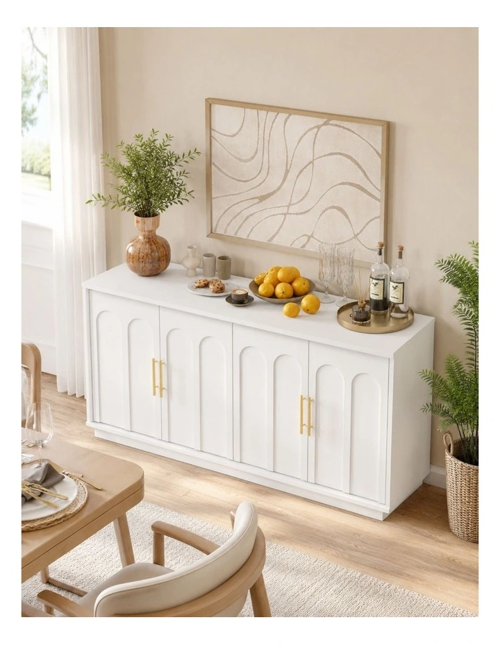 4 Door Buffet Sideboard Cabinet 150cm White Cupboard - Foil-laminated Particleboard & MDF image 4