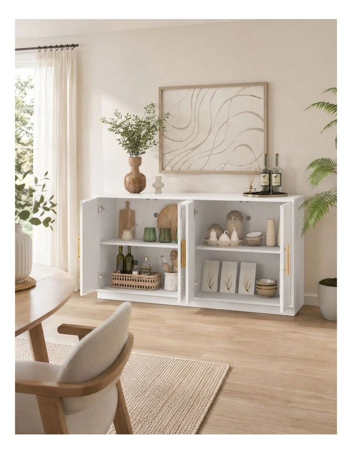 4 Door Buffet Sideboard Cabinet 150cm White Cupboard - Foil-laminated Particleboard & MDF image 6