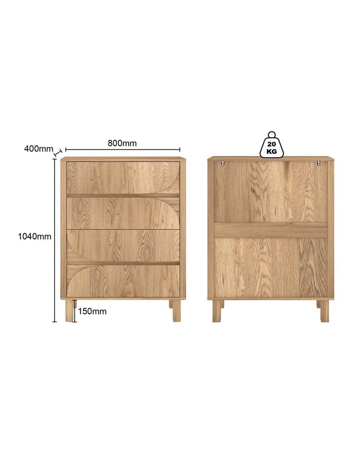 4 Drawer Chest of Drawers Tallboy Dresser - Foil-laminated Particleboard & MDF / oak image 6