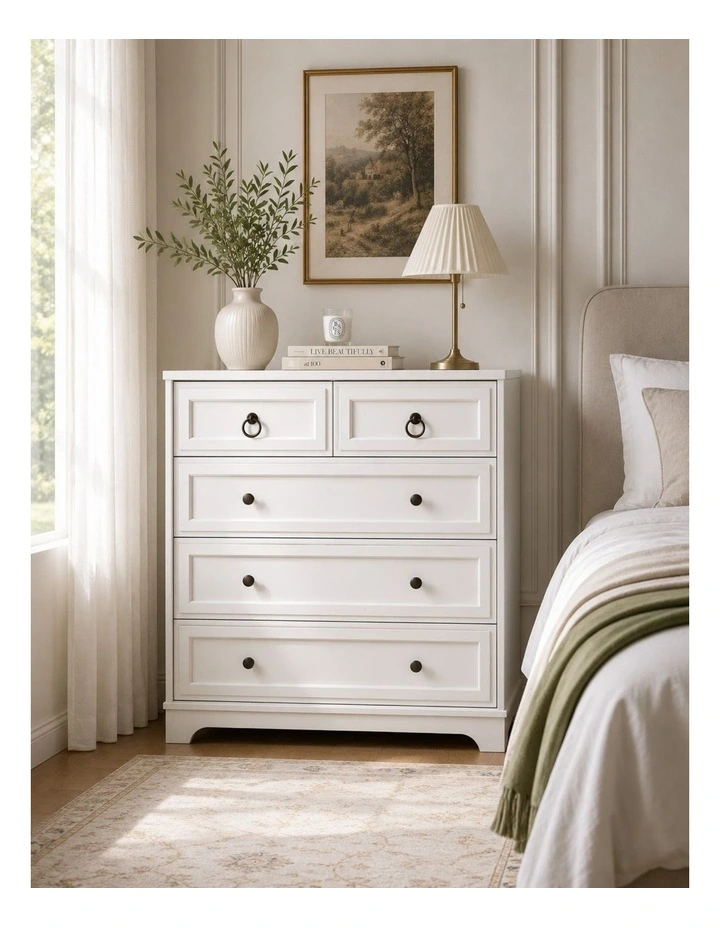 White 5 Chest Of Drawers Coastal Bedroom Storage Cabinet - Foil-laminated Particleboard & MDF image 3