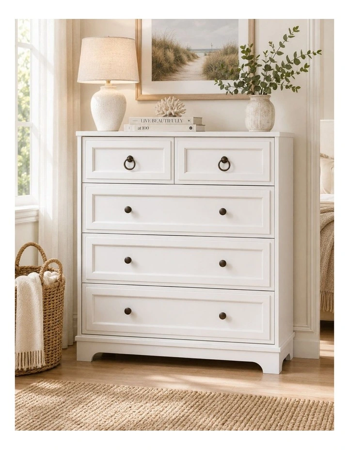 White 5 Chest Of Drawers Coastal Bedroom Storage Cabinet - Foil-laminated Particleboard & MDF image 4