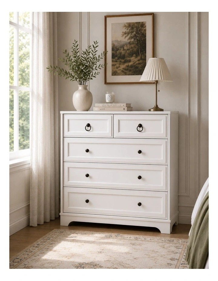 White 5 Chest Of Drawers Coastal Bedroom Storage Cabinet - Foil-laminated Particleboard & MDF image 6
