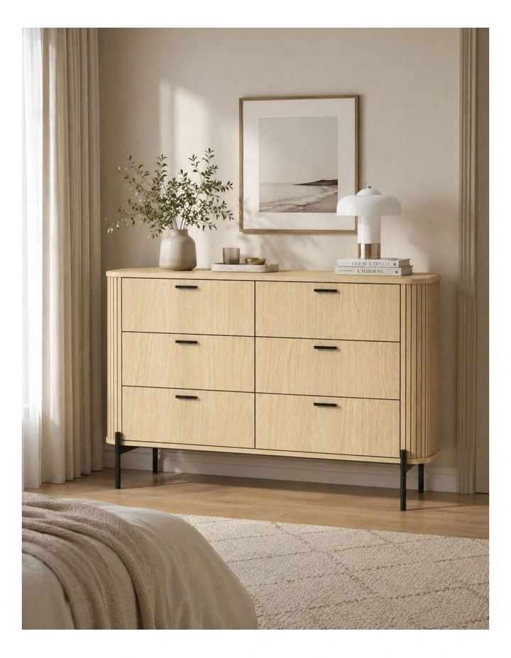 6 Drawer Chest of Drawers Lowboy Dresser - Foil-laminated Particleboard & MDF / oak image 3