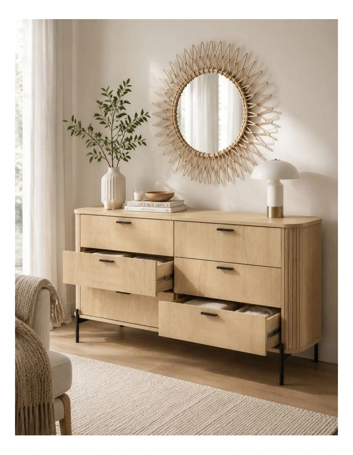 6 Drawer Chest of Drawers Lowboy Dresser - Foil-laminated Particleboard & MDF / oak image 4