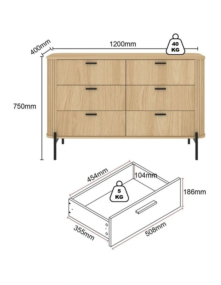 6 Drawer Chest of Drawers Lowboy Dresser - Foil-laminated Particleboard & MDF / oak image 7