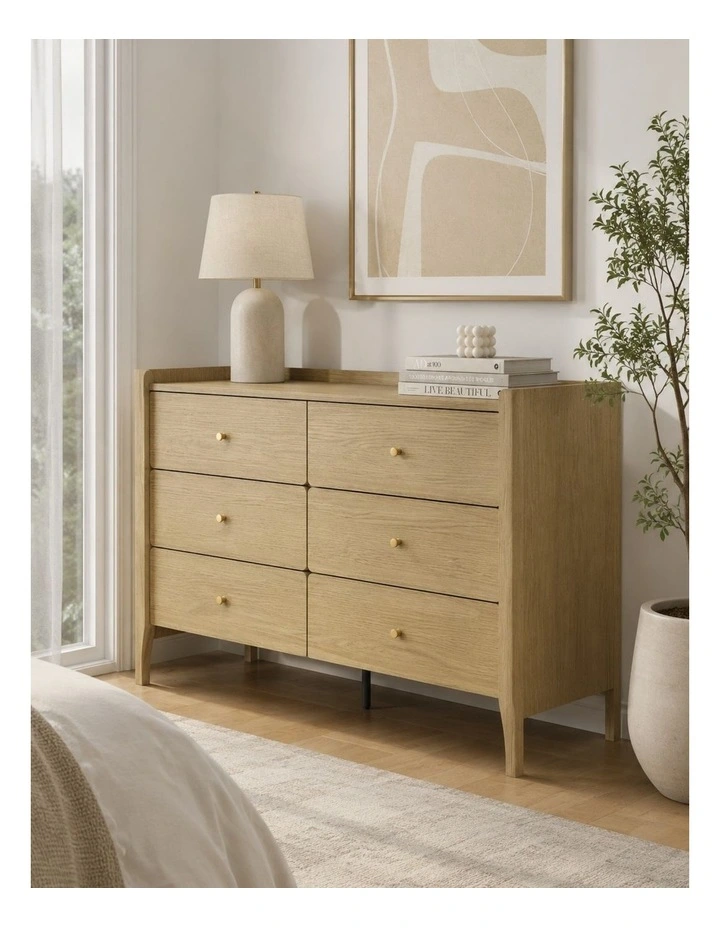 Natural Oak 6-drawer Dresser - Modern Scandinavian Lowboy Chest - Foil-laminated Particleboard & MDF image 4