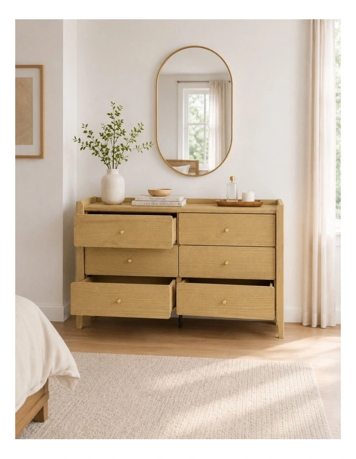 Natural Oak 6-drawer Dresser - Modern Scandinavian Lowboy Chest - Foil-laminated Particleboard & MDF image 5