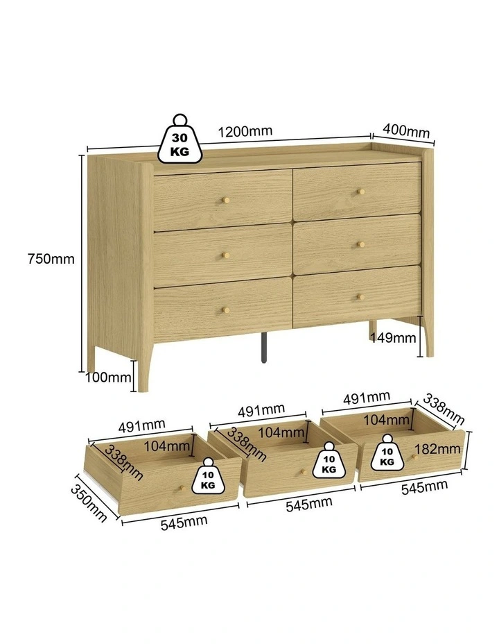 Natural Oak 6-drawer Dresser - Modern Scandinavian Lowboy Chest - Foil-laminated Particleboard & MDF image 6