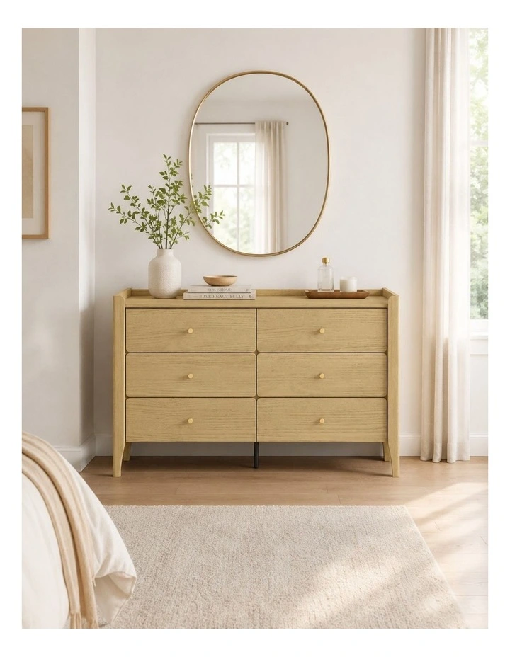 Natural Oak 6-drawer Dresser - Modern Scandinavian Lowboy Chest - Foil-laminated Particleboard & MDF image 7