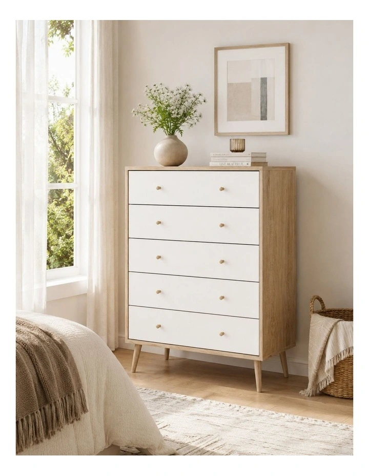 Adriana Chest Of 5 Drawers Tallboy Dressers Storage - Foil-laminated Particleboard & MDF / white image 3