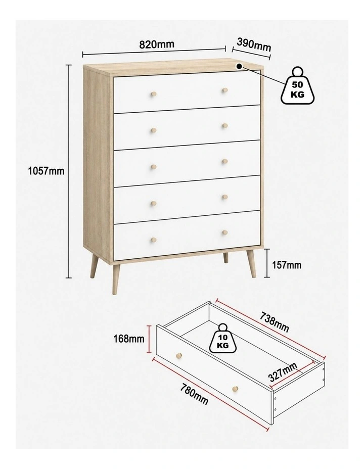 Adriana Chest Of 5 Drawers Tallboy Dressers Storage - Foil-laminated Particleboard & MDF / white image 4