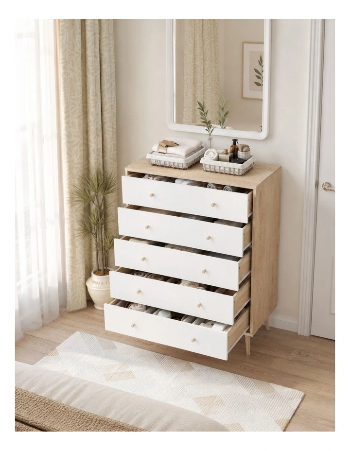 Adriana Chest Of 5 Drawers Tallboy Dressers Storage - Foil-laminated Particleboard & MDF / white image 6