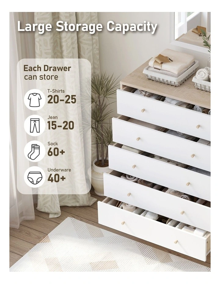 Adriana Chest Of 5 Drawers Tallboy Dressers Storage - Foil-laminated Particleboard & MDF / white image 7