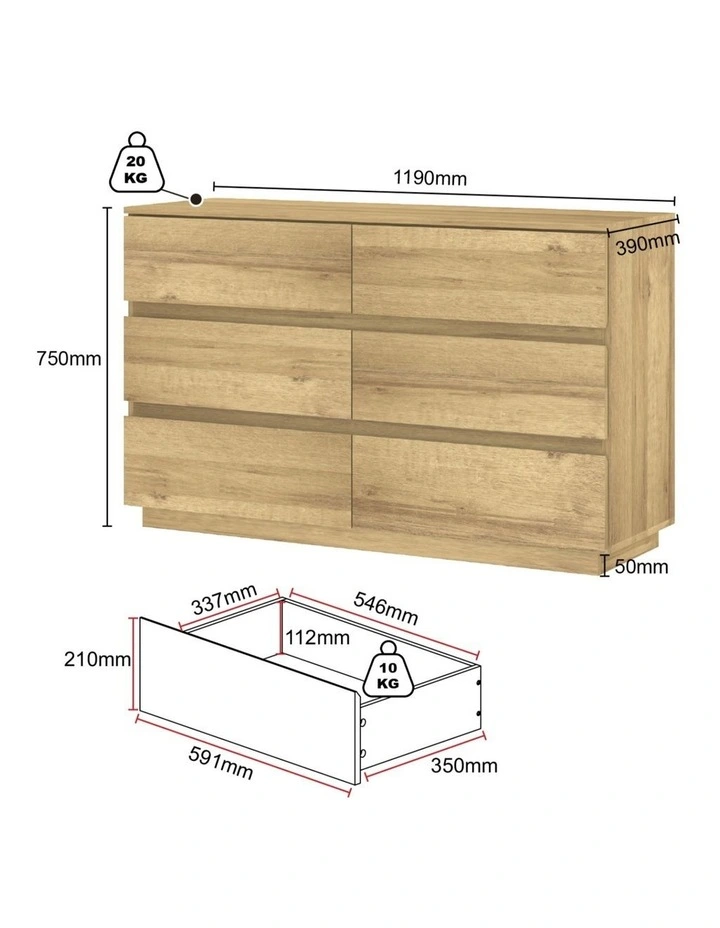 6 Chest of Drawers Lowboy Dresser Storage Cabinet Bedroom Oak - Foil-laminated Particleboard & MDF image 7