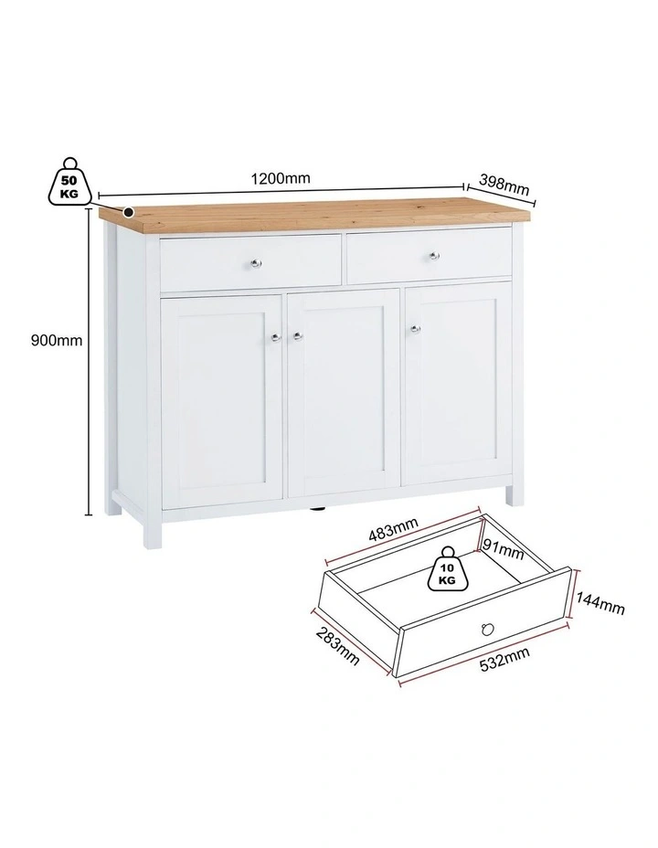 Clifton Sideboard Buffet 2-Drawer 3-Door Cabinet 120cm - MDF/Chipboard / Oak White image 6