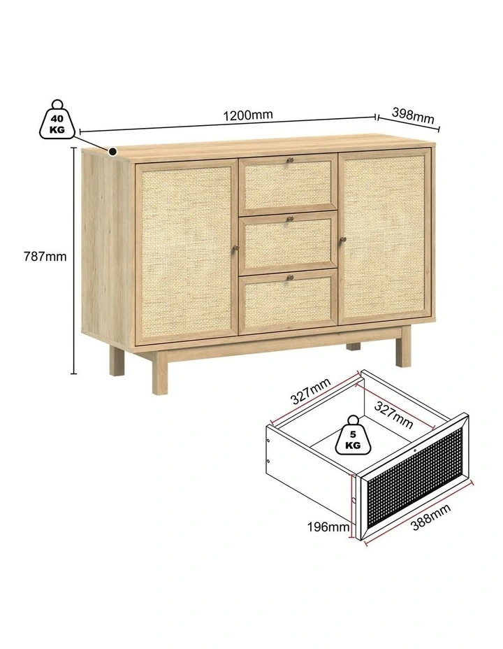 2 Door 3 Drawer Buffet Sideboard - Foil-laminated Particleboard & MDF / oak image 7