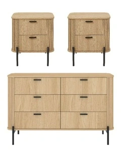6 Chest of Drawers Dresser Lowboy and 2 Fluted Bedside Tables - Foil-laminated Particleboard / oak