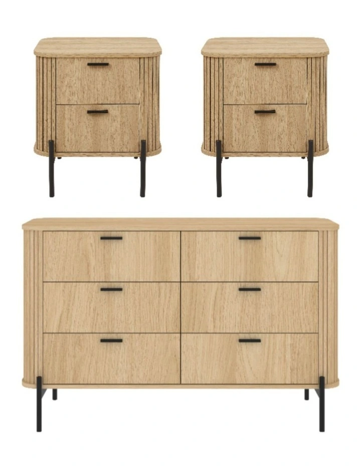 6 Chest of Drawers Dresser Lowboy and 2 Fluted Bedside Tables - Foil-laminated Particleboard / oak image 1