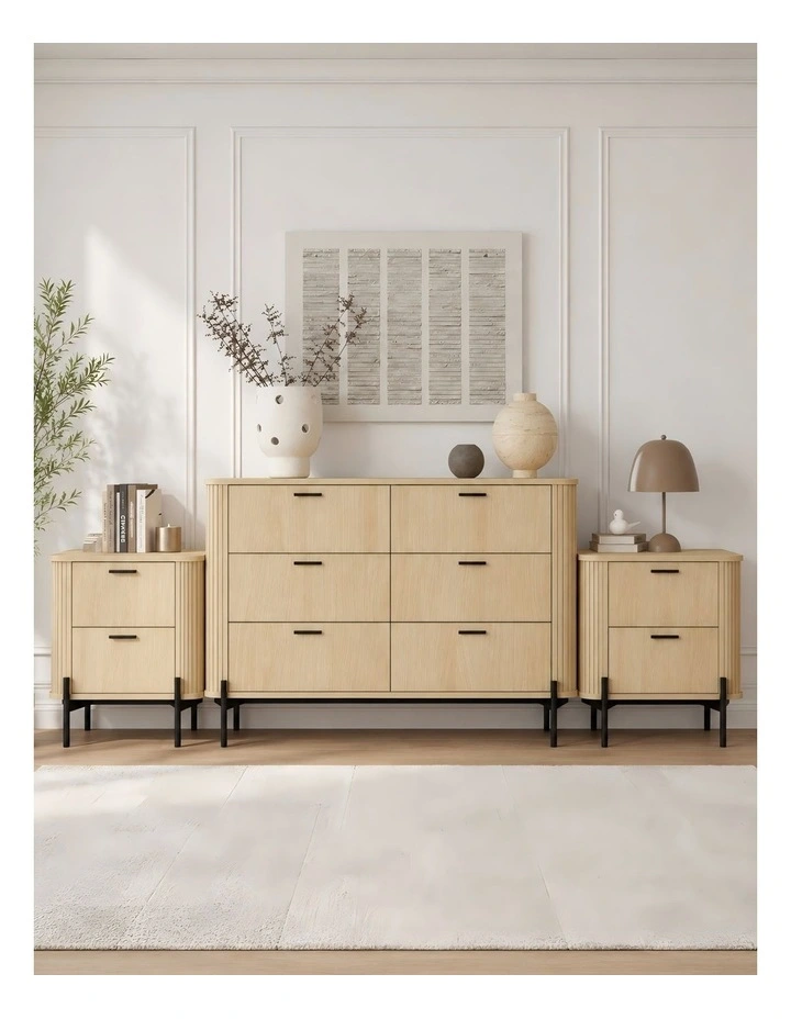 6 Chest of Drawers Dresser Lowboy and 2 Fluted Bedside Tables - Foil-laminated Particleboard / oak image 4