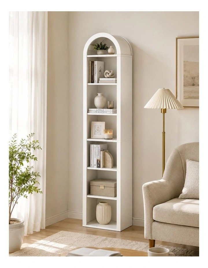 Slim Arch Bookshelf Bookcase 8-Tier Display Cabinet - Foil-laminated Particleboard & MDF / white image 3