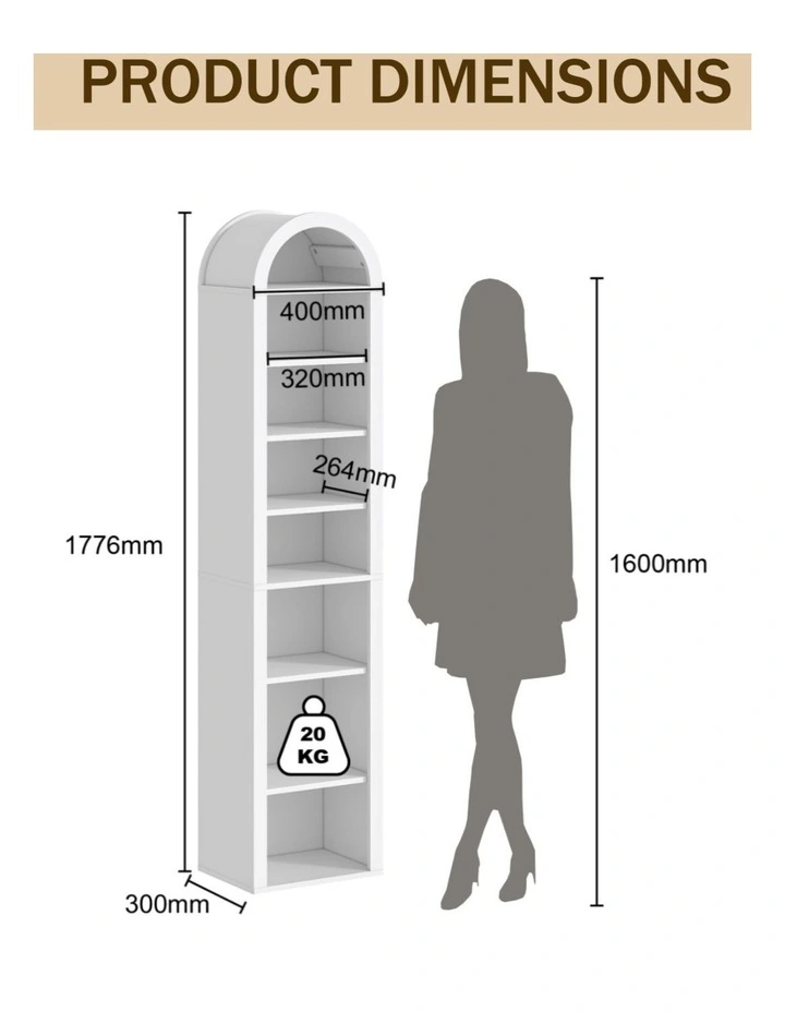 Slim Arch Bookshelf Bookcase 8-Tier Display Cabinet - Foil-laminated Particleboard & MDF / white image 6