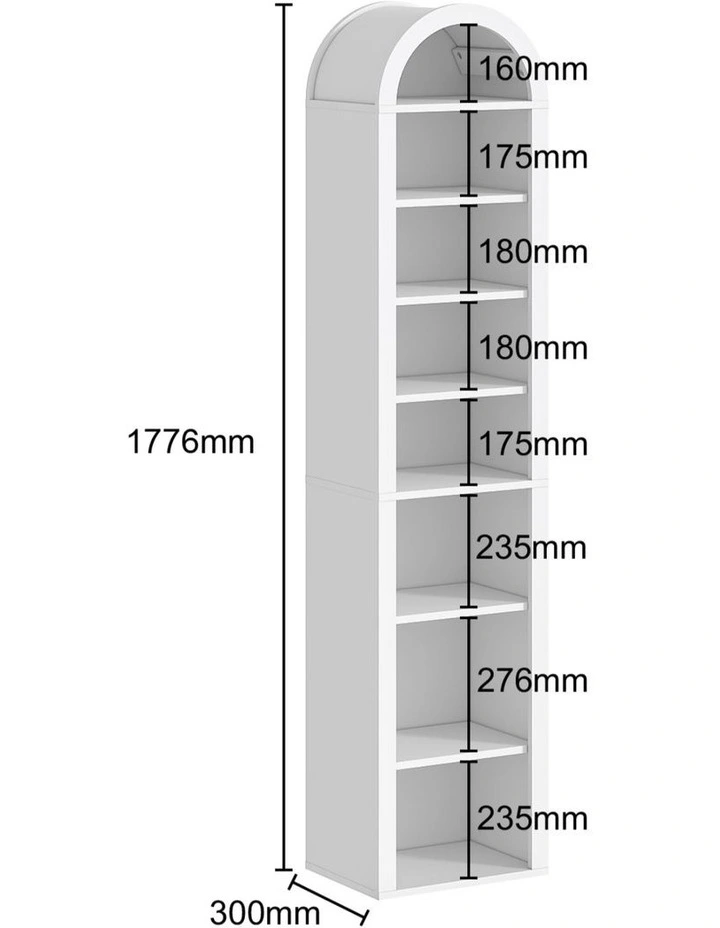 Slim Arch Bookshelf Bookcase 8-Tier Display Cabinet - Foil-laminated Particleboard & MDF / white image 7