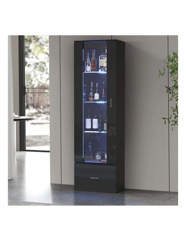 Oikiture Display Cabinet LED Light High Gloss Cupboard Black image 4