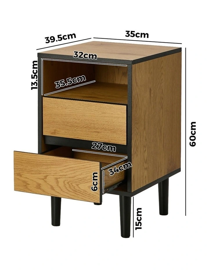 Oikiture Bedside Table 2 Drawers Shelf Nightstand Natural image 3