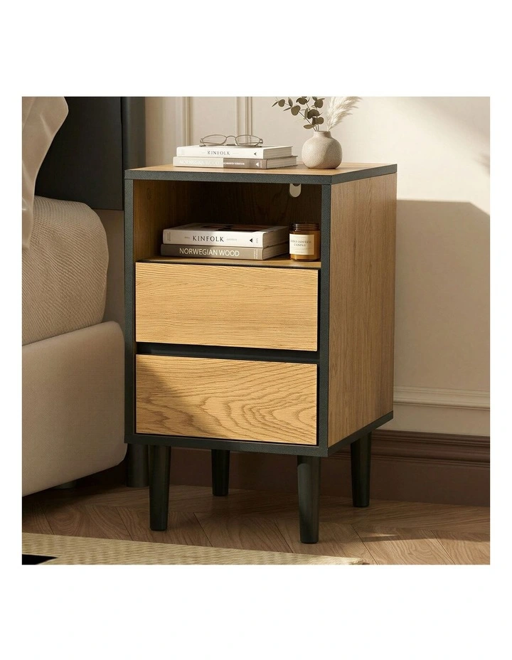 Oikiture Bedside Table 2 Drawers Shelf Nightstand Natural image 4