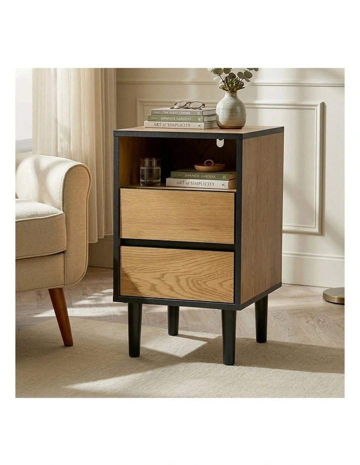 Oikiture Bedside Table 2 Drawers Shelf Nightstand Natural image 5