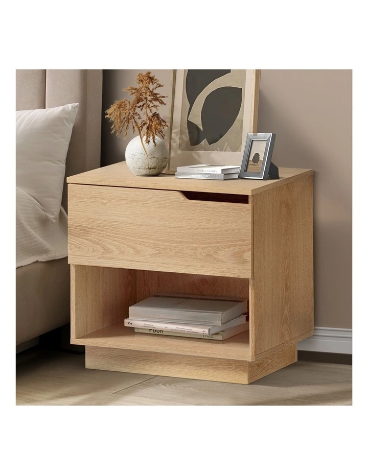 Oikiture Bedside Table 1 Drawer Storage Shelf Nightstand Natural image 4