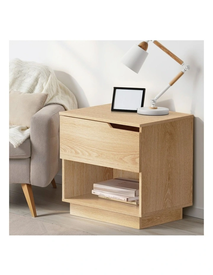 Oikiture Bedside Table 1 Drawer Storage Shelf Nightstand Natural image 5