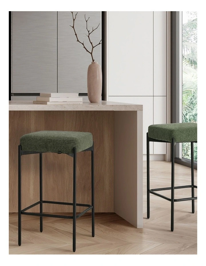 Oikiture 2x Bar Stools Kithen Counter Stool Dining Chair Linen Seat Metal Green image 5