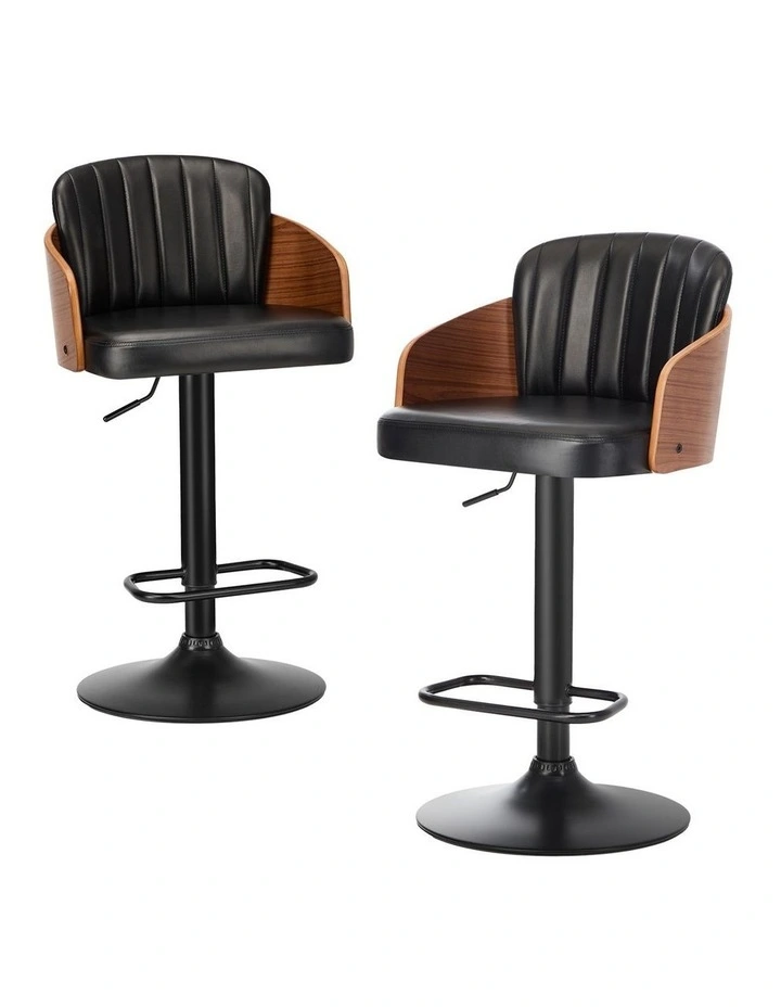 Oikiture 2x Bar Stools Swivel Gas Lift Leather Retro Black OMA image 1