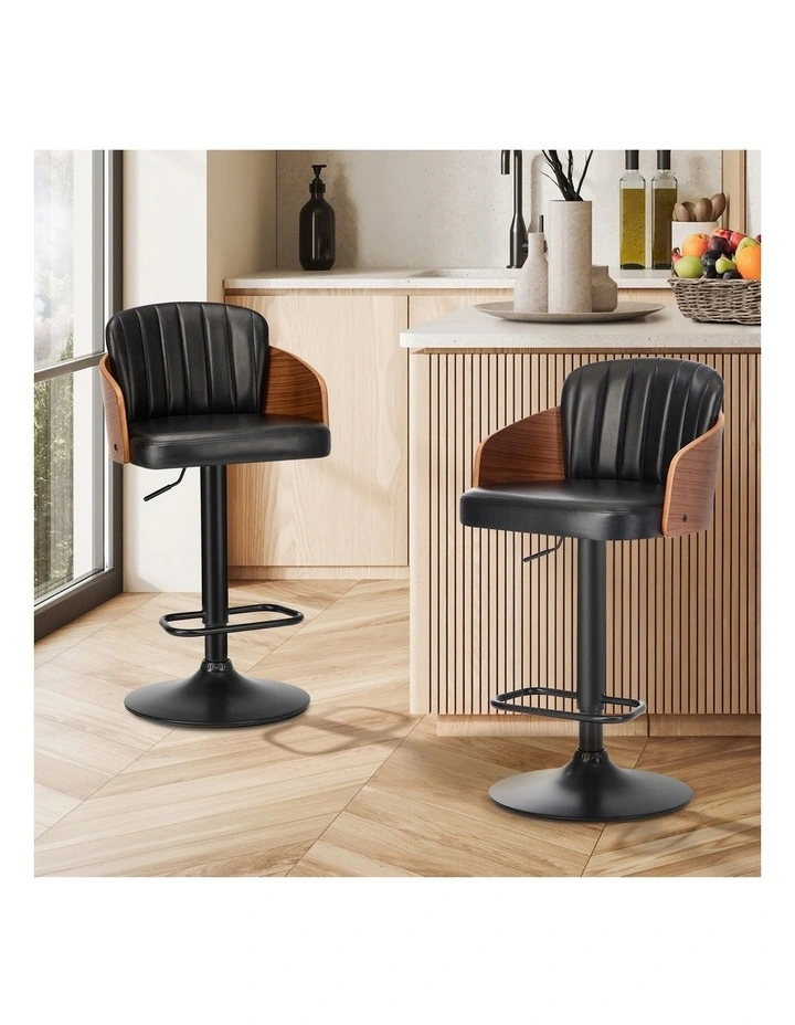 Oikiture 2x Bar Stools Swivel Gas Lift Leather Retro Black OMA image 4