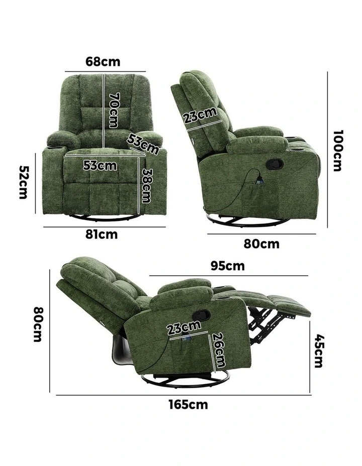 Oikiture Recliner Chair 360 Swivel Rocking Heated Electric Massage Chair Green image 3