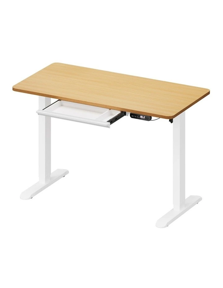 Oikiture 120CM Electric Standing Desk with Drawer Height Adjustable White & Oak image 1