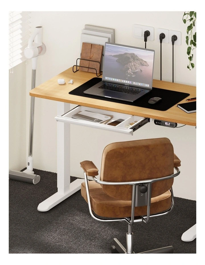 Oikiture 120CM Electric Standing Desk with Drawer Height Adjustable White & Oak image 4