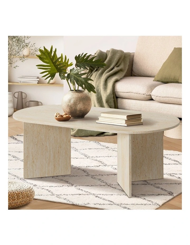 Oikiture Coffee Table Sofa End Table Oval Side Cafe Desk Timber Beige image 4