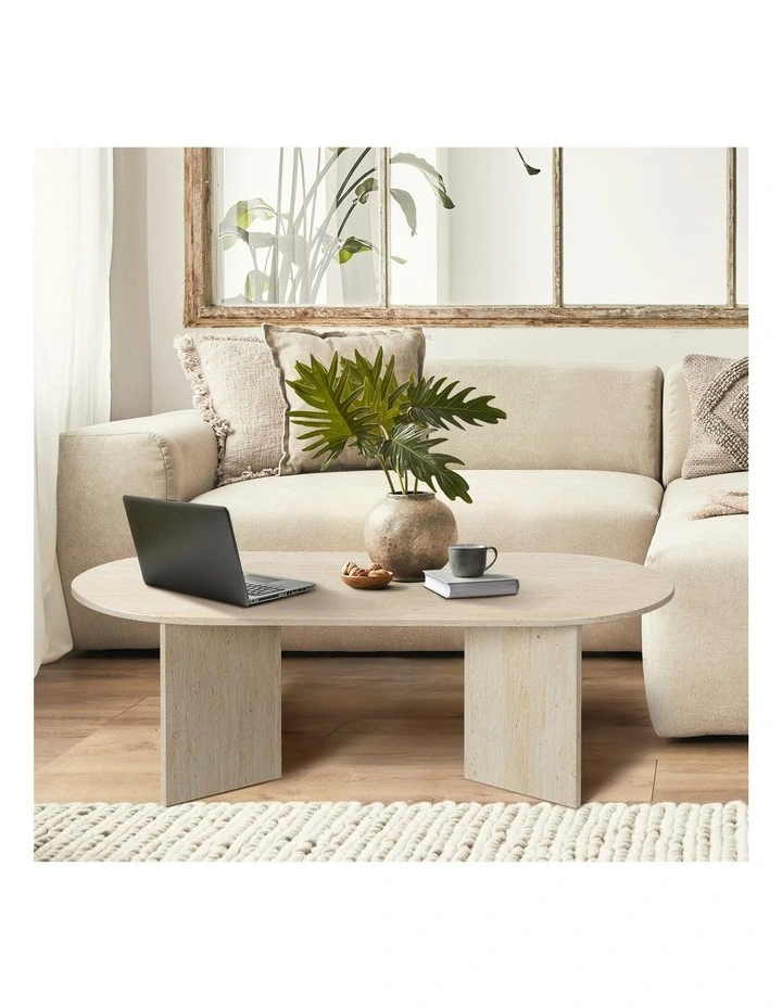 Oikiture Coffee Table Sofa End Table Oval Side Cafe Desk Timber Beige image 5