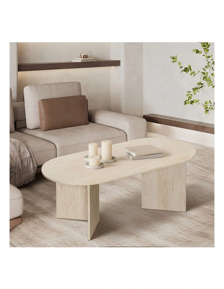 Oikiture Coffee Table Sofa End Table Oval Side Cafe Desk Timber Beige image 7