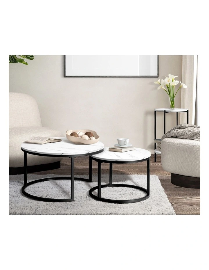 Oikiture Side End Table Coffee Sofa Bedside Nightstand Marble-like Round Black image 7