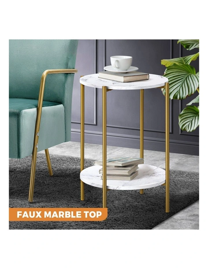 Oikiture Side End Table Coffee Sofa Bedside Nightstand Marble-like Round Gold image 4