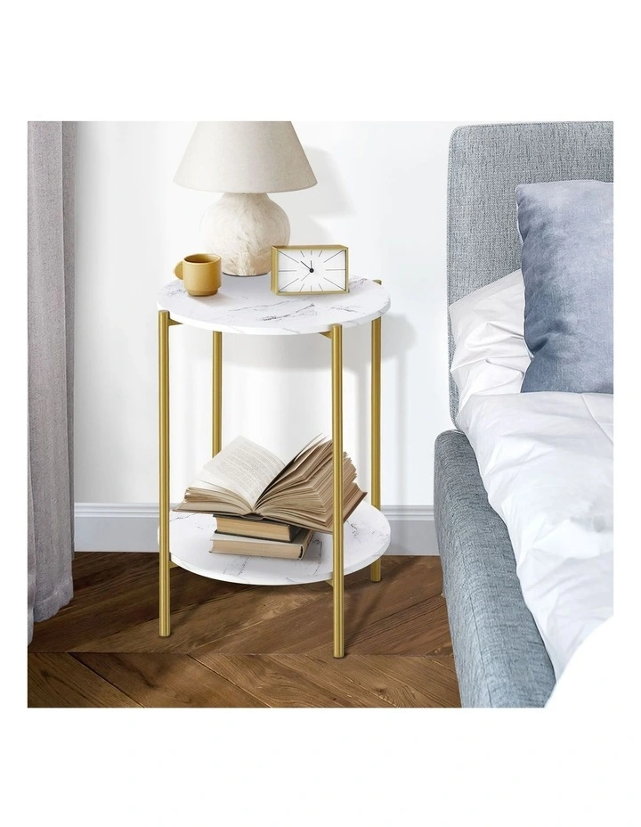 Oikiture Side End Table Coffee Sofa Bedside Nightstand Marble-like Round Gold image 5