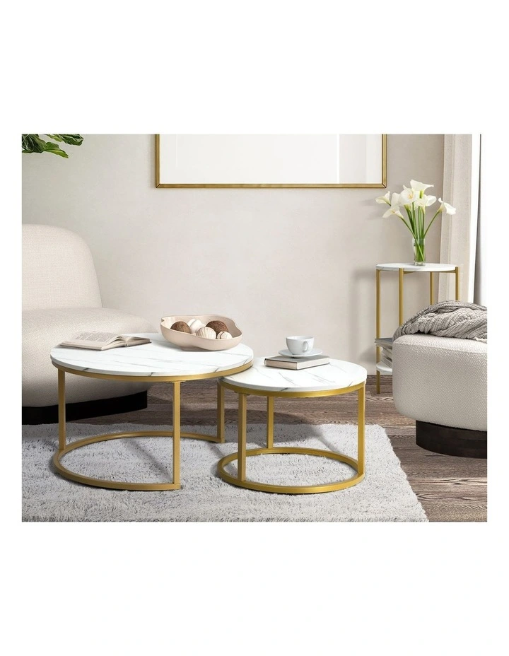 Oikiture Side End Table Coffee Sofa Bedside Nightstand Marble-like Round Gold image 7