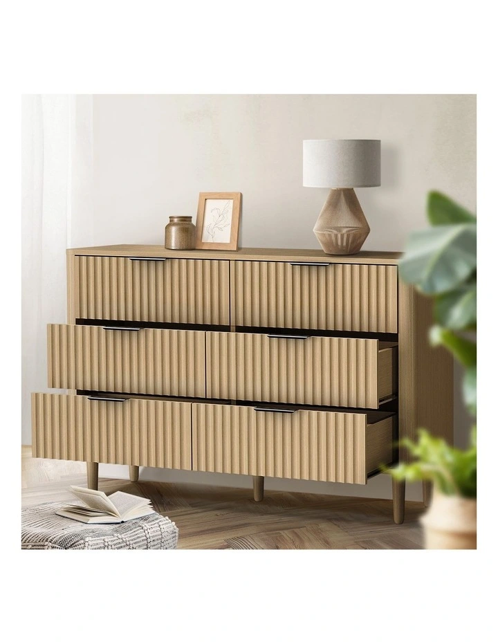 Oikiture 6 Chest of Drawers Storage Cabinet Dressers Lowboy Stripe Natural image 5