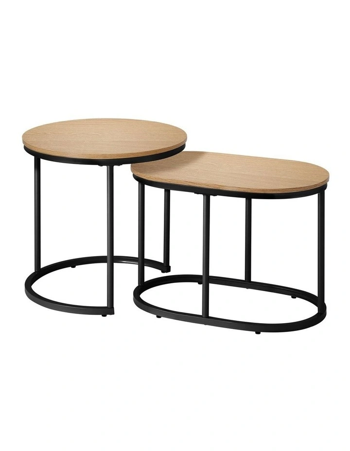 Oikiture Set of 2 Coffee Table Nesting Round Oval Side End Tables Natural image 1