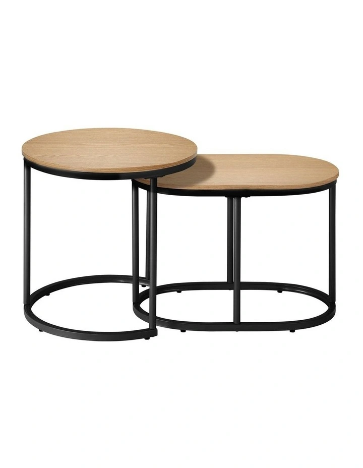Oikiture Set of 2 Coffee Table Nesting Round Oval Side End Tables Natural image 2