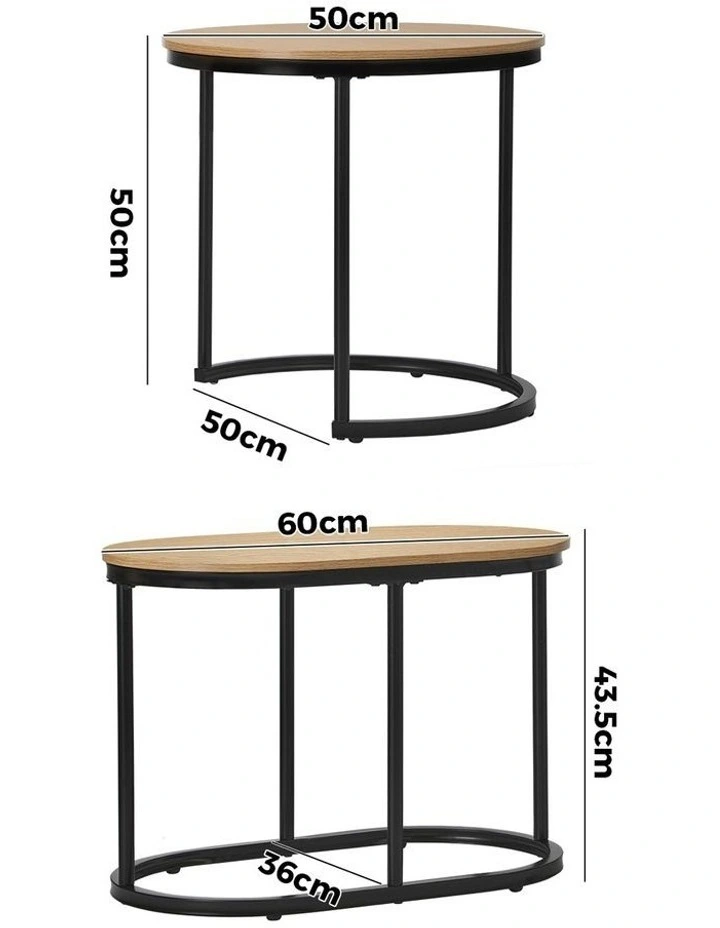 Oikiture Set of 2 Coffee Table Nesting Round Oval Side End Tables Natural image 3